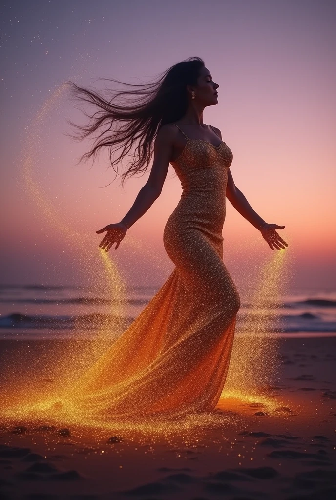 silhouette of a woman turning into sand particles 