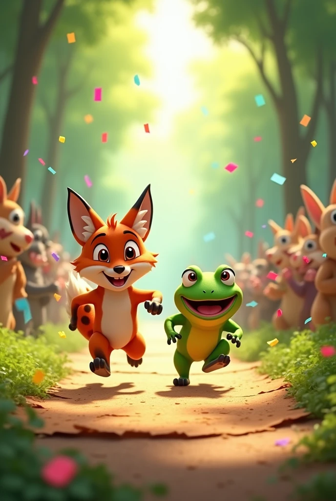 Fox and frog crossing the already torn race finish line being applauded by all the animals. Old 2d disney style