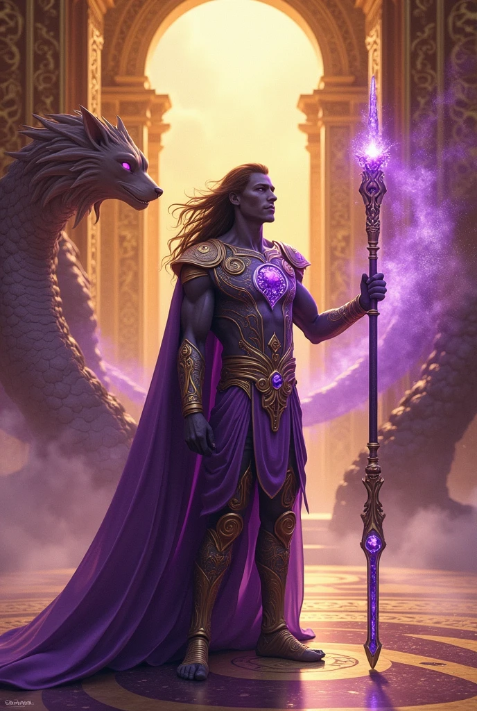Create a Golden Plaza where the prince of a very powerful race called Eternals, son of the King of Darkness and the Queen of Light, is creating a new universe with his Violet power, a forbidden power that his parents didn't like him to have. He wields a purple power lance, which holds the purple Infinity Gem, the Gem of Power. His guardian animals, a purple wolf and a purple Chinese dragon, accompany him in this new realm.
