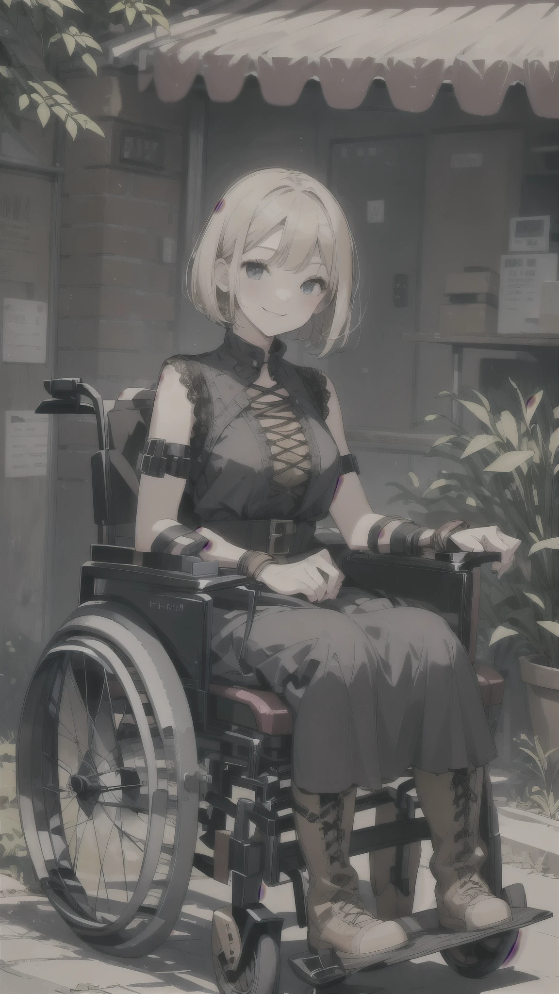 girl in electric wheelchair,smile,blonde short bob hair,maxi length dress,lace up long boots,arm braces.