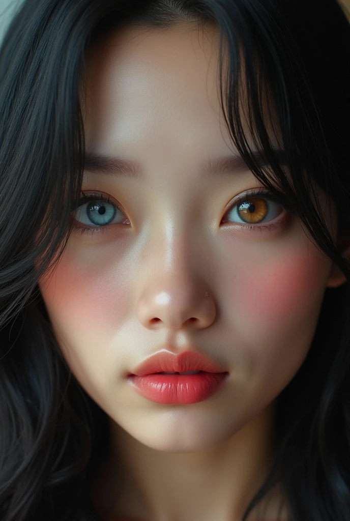 Gorgeous face, Thai woman, heterochromia, different colored eyes, One eye is blue, One eye is brown, pensive, black long hair, lush lips, hyperrealism, realistic face, 8k