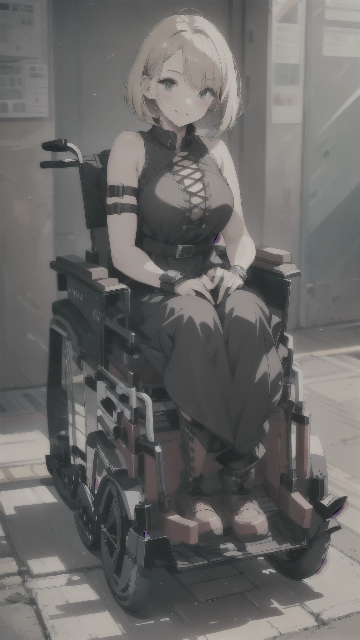 girl in electric wheelchair,smile,blonde short bob hair,maxi length dress,lace up long boots,arm braces.