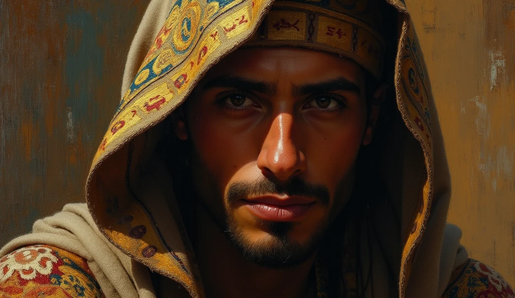 (oil painting) Close-up of an Egyptian priest with a shadowed face and a mischievous smile