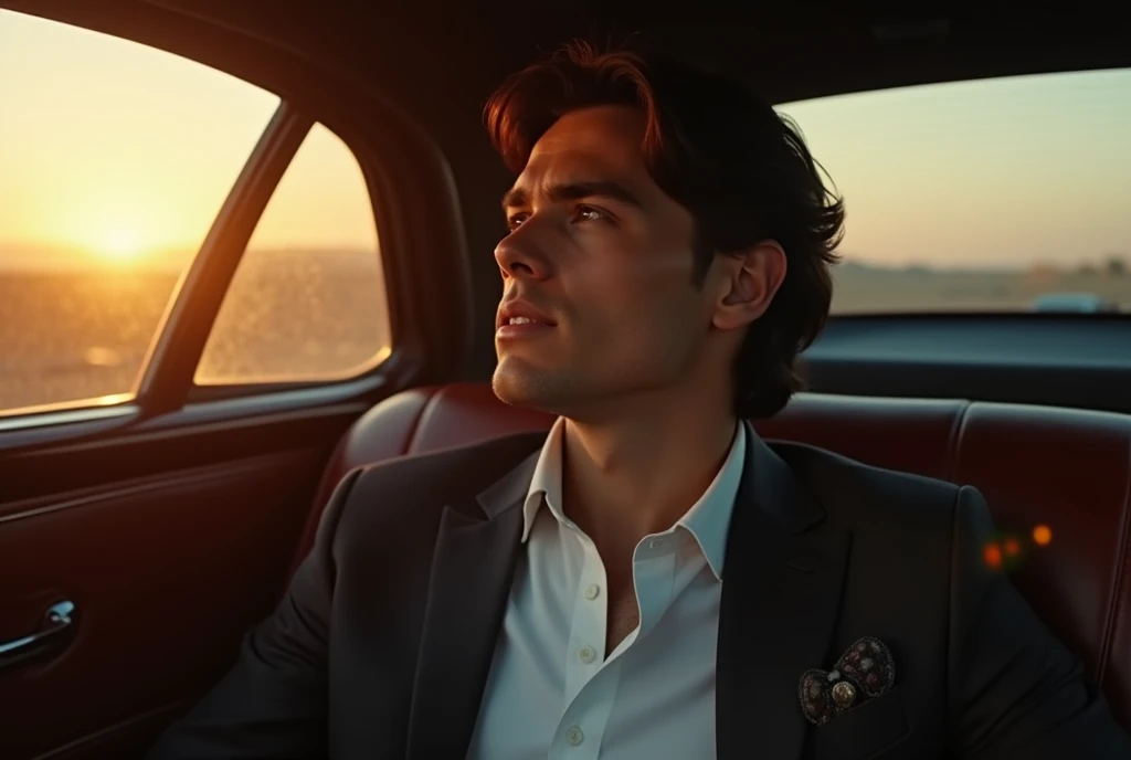 Create an intimate and cinematic scene of a stylish young man sitting in a luxury car, gazing thoughtfully out the window as the golden light of a setting sun softly illuminates his profile. His dark hair is wavy and well-groomed, complementing his well-tailored suit jacket over a crisp white shirt. Capture the mood of serenity and introspection, with a warm soft glow bouncing off the car's leather interior, highlighting the rich textures of the vehicle. The overall atmosphere should feel sophisticated, with subtle light and shadow interplay, enhancing the subject's contemplative expression and adding a sense of depth.