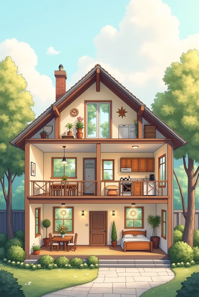 IMAGE OF A TWO-STORY HOUSE WITH A CROSS-SECTION,                                                         WHERE YOU CAN SEE ON THE FIRST FLOOR A KITCHEN, A DINING ROOM, living room,  PARKING AND A TERRACE AND ON THE SECOND FLOOR A BATHROOM, A LAUNDRY, ONE BEDROOM AND A BALCONY.