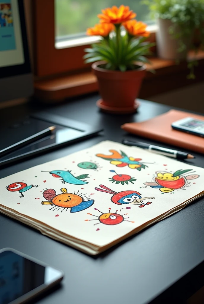 Sketches of cartoons kept on a black table with a small flower pot kept in corner and a graphic tablet on the corner of table.