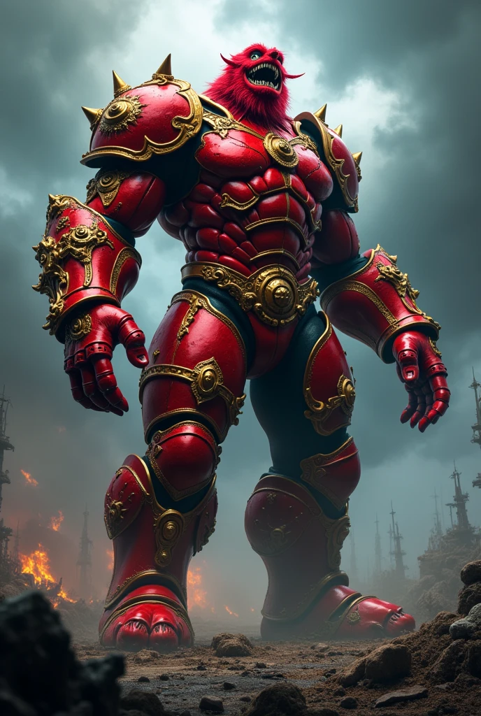 Giant warrior with scarlet armor with golden details. Sinister red Elmo.