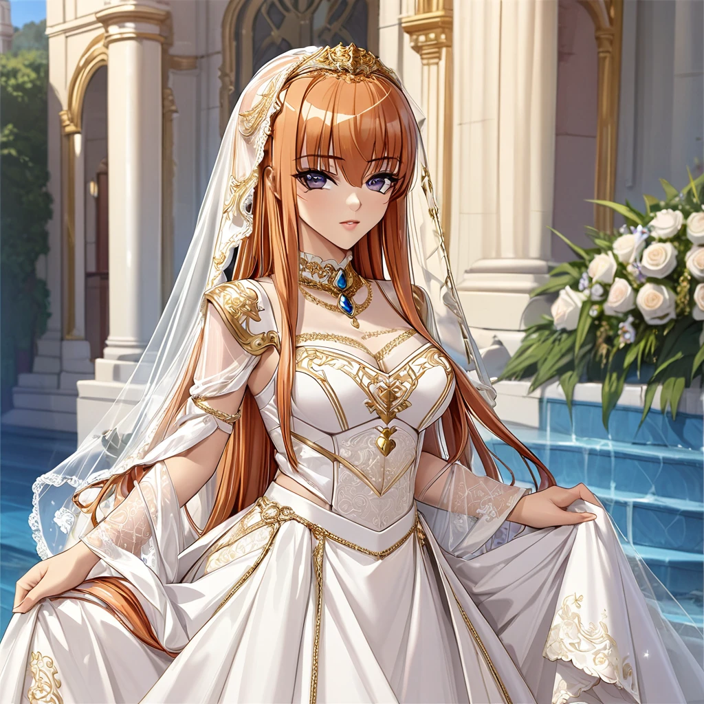 ((Highest quality)), ((masterpiece)), (detailed), （Perfect Face）、The woman is Maya Cordelia, with orange semi-long hair and is adorned with luxurious accessories, wearing a Victorian wedding dress with lavish gold embroidery and trim, as well as a wedding veil.