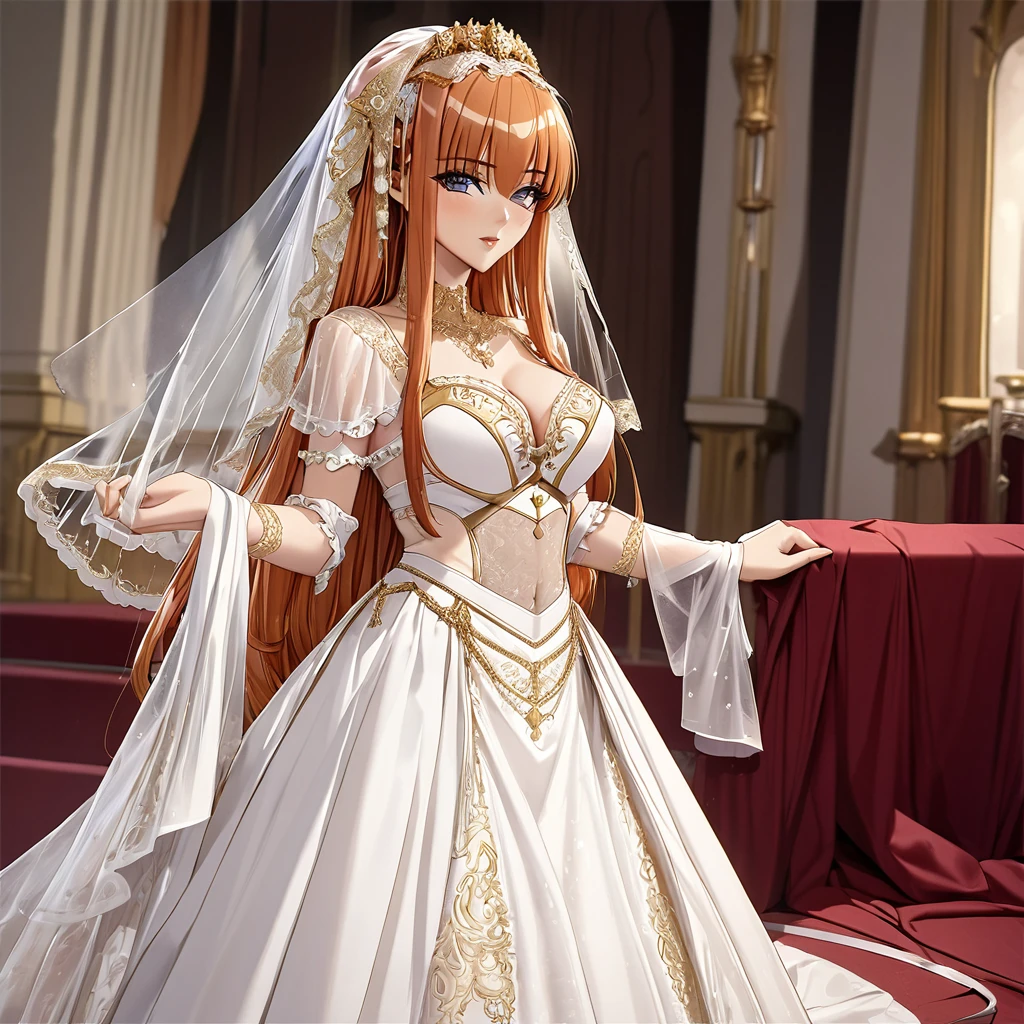 ((Highest quality)), ((masterpiece)), (detailed), (Perfect Face)、The woman is Maya Cordelia, with orange semi-long hair and is adorned with luxurious accessories, wearing a Victorian wedding dress with lavish gold embroidery and trim, as well as a wedding veil.
