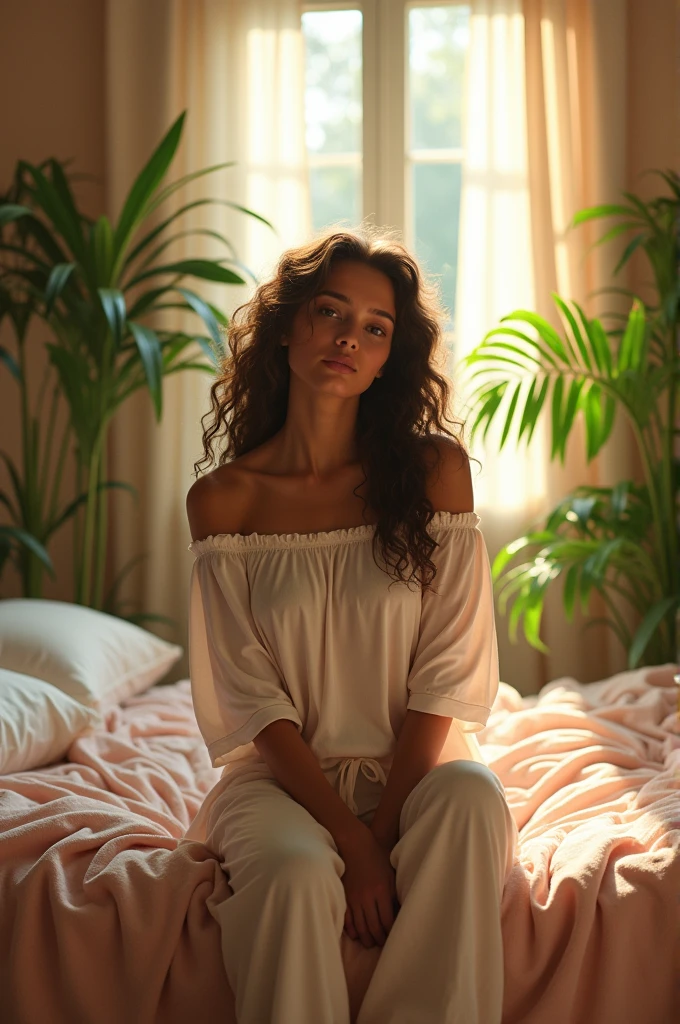 (photorealism:1.2), beautiful woman, sitting on bed, wearing loose off-shoulder top, pajama pants, long curly hair, indoors, soft lighting, plants in background, window with sunlight, cozy room, relaxed pose, realistic, intricate details, warm colors, by Greg Rutkowski, by Alphonse Mucha