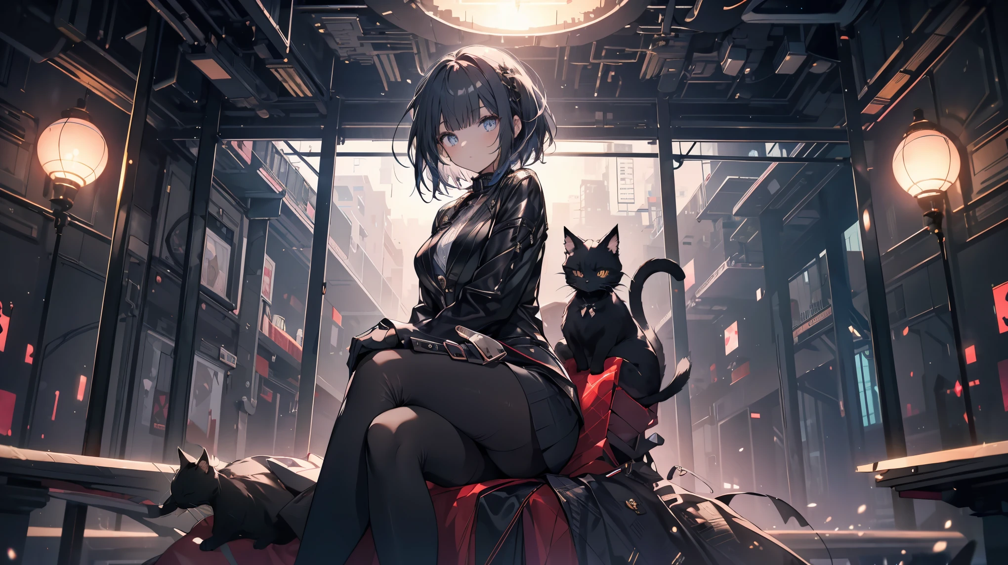 A woman is sitting on a black leather chair．The girl is wearing a black suit and is leaning on her elbows．The girl has short white hair and strong eyes．A black cat is looking at a girl．The image is of a girl, a mafia．The cat is sleeping at my feet．The girls are looking straight ahead in the center of the screen．