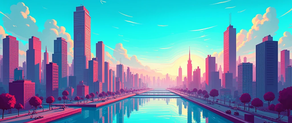 A city like those in Atari games from the 90s, blue sky, the sun shining behind it, pixelated image