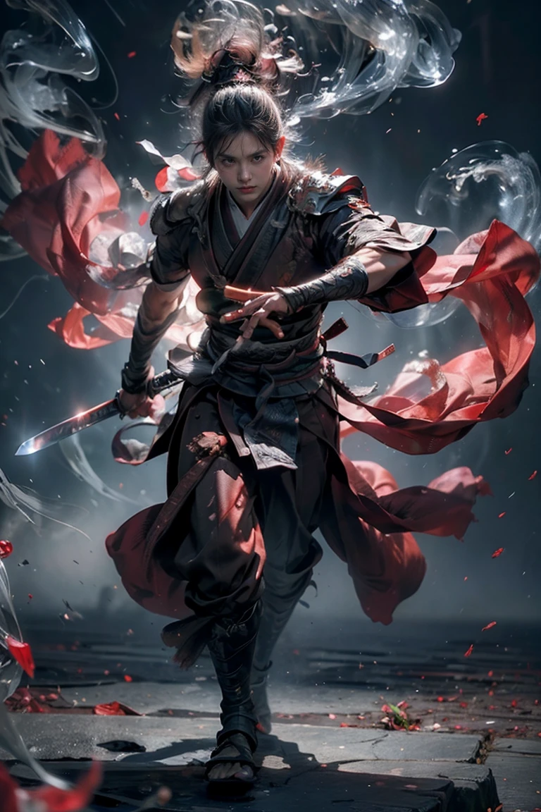 masterpiece,16K,high quality,A work of art,Martial Spirit,1 boy,Red theme,smoke,floating weapon,Sword,Bright lights,Bright background,handsome face,delicate face,Vibrant texture,Photos taken with Sony camera,movie lighting,Full body female love,Walk,Close-up photo