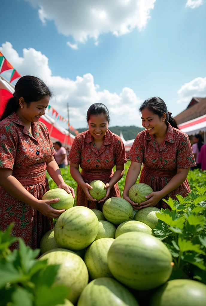 Images with 4K resolution, Melon plants being picked by women in the atmosphere of Indonesia&#39;s 79th Independence Day