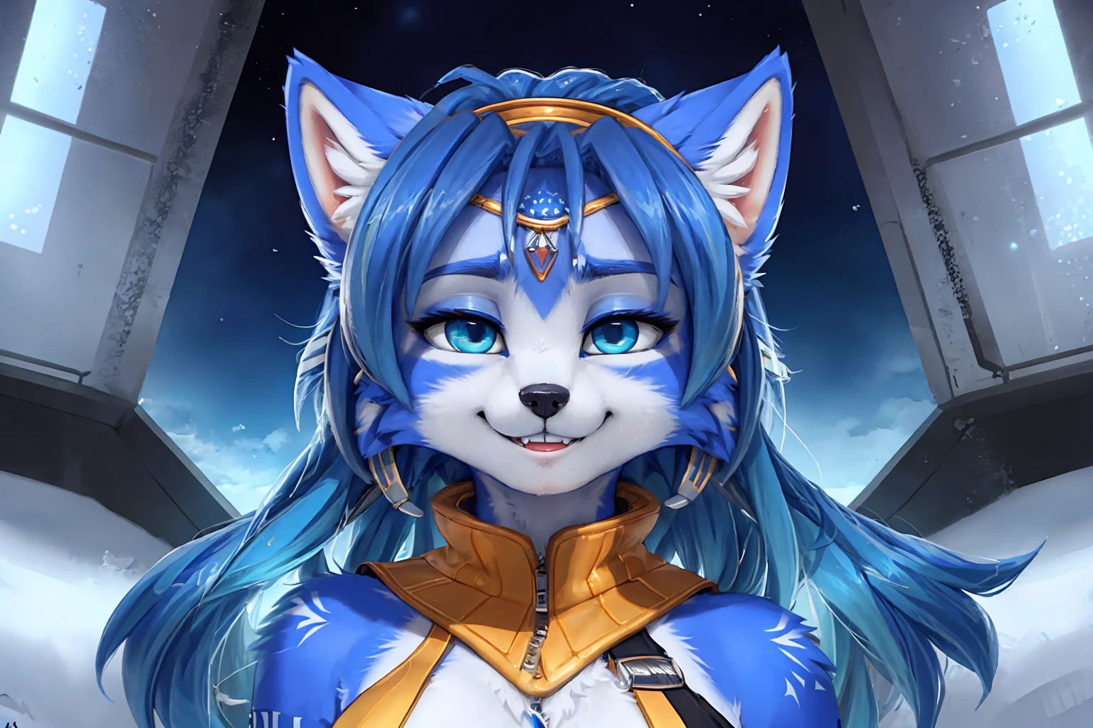 A beautiful and detailed (sweet portrait) wa ((krystal)), Star Fox krystal, sslim, lovable, green eyes, medium breasts, (((Long blue hair 1.3))), Decollete, grin, look up,, anthro, furry, Uploaded E621, detailed fluffy fur, (wa Fluff-Kevlar, Bayard Wu, personalize me, Pino Daeni), detailed face, (fluffy), 1 girl, alone, sweet girl, 
