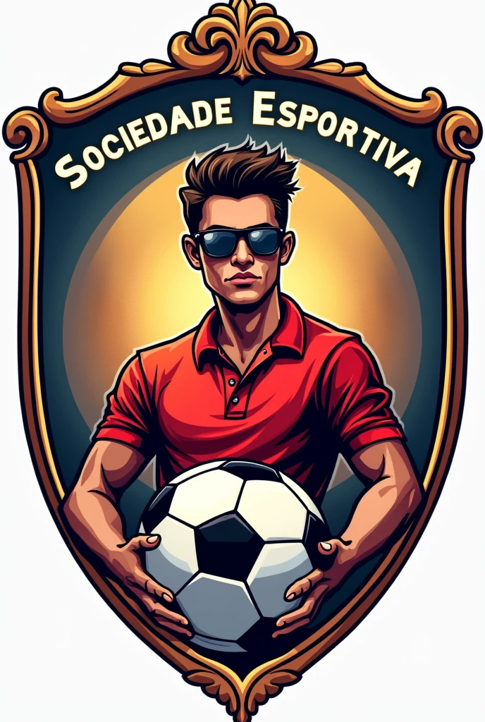 A crest of a football team called parkgay, add a young man with polo shirt and sunglasses illustrated in the coat of arms, add “sociedade esportiva parkgay” in writing add a soccer ball to the crest 