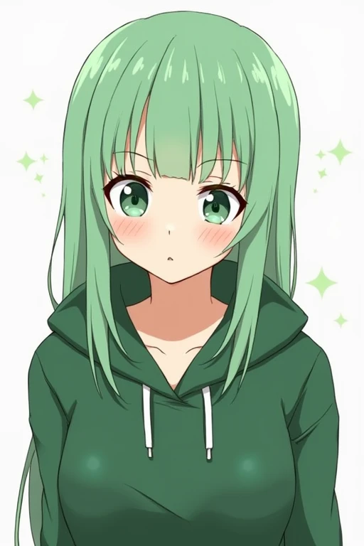 1 fille, Longhaire, green hair, Swept Bangs, straight hair, green eyes, dark circles, depressed, Desperate, Yeux sans Expression, Sourire force, fond simple, Hood Up, animated,
