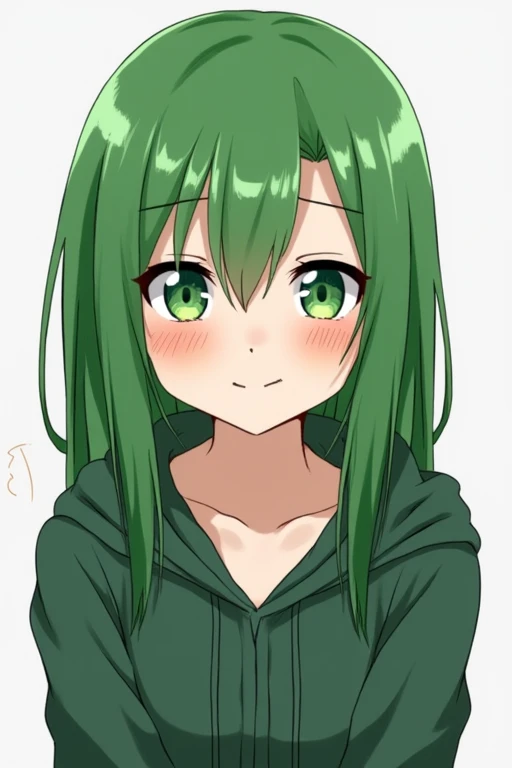 1 fille, Longhaire, green hair, Swept Bangs, straight hair, green eyes, dark circles, depressed, Desperate, Yeux sans Expression, Sourire force, fond simple, Hood Up, animated, 