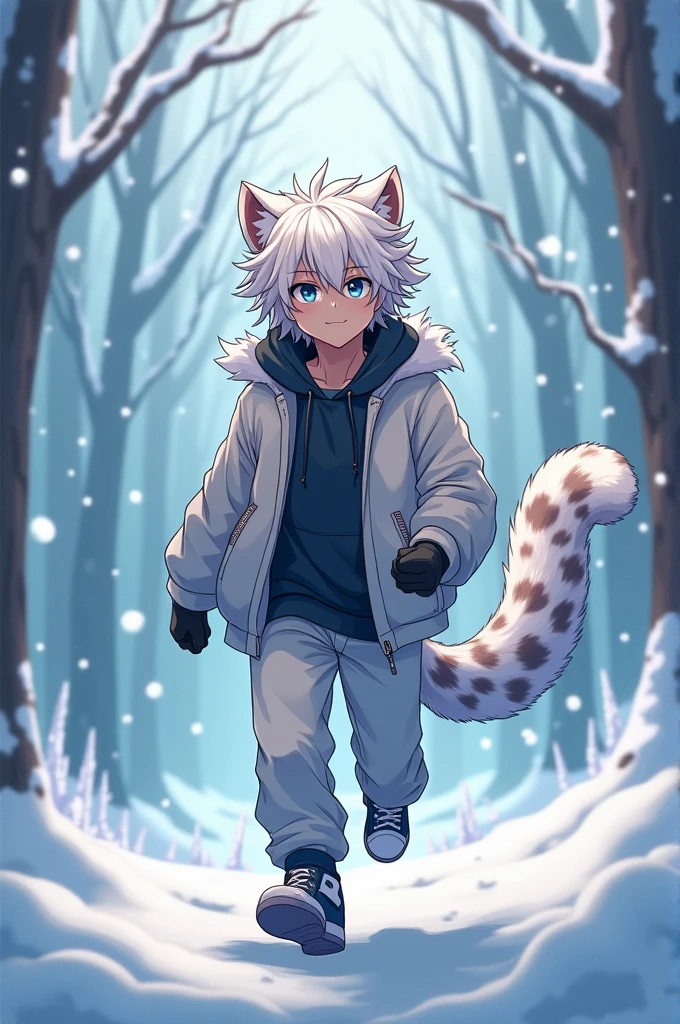 Attractive Anime Man with messy White hair and snow leopard ears and tail.