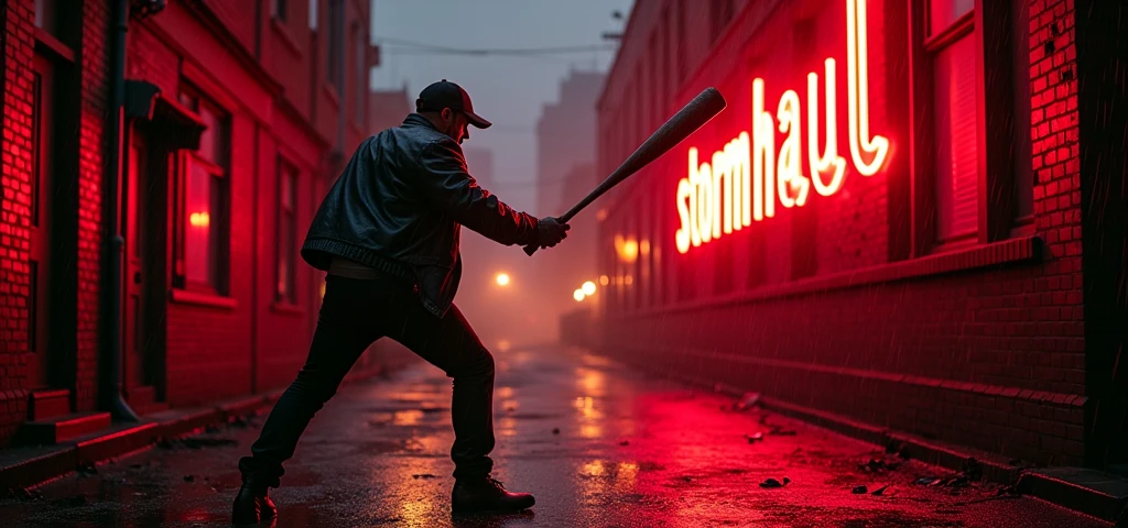 "stormhaul" écrit en néon en rouge et en noir avec une batte de baseball qui vient frapper le neon