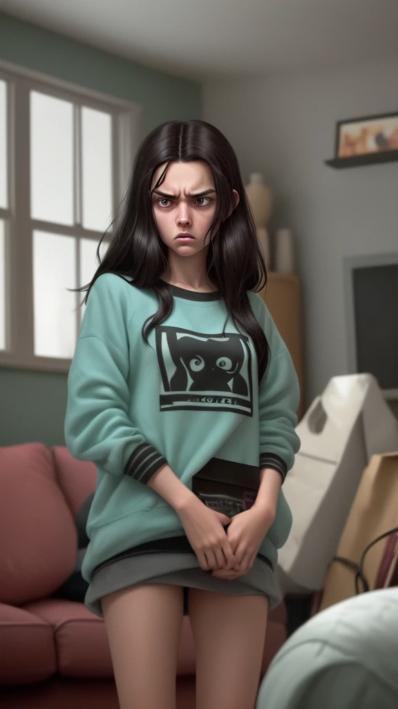 Stylized image of a dark hair vteenage in her living room in a modernized housed expressing moody gasp face of realizing something has gone missing
