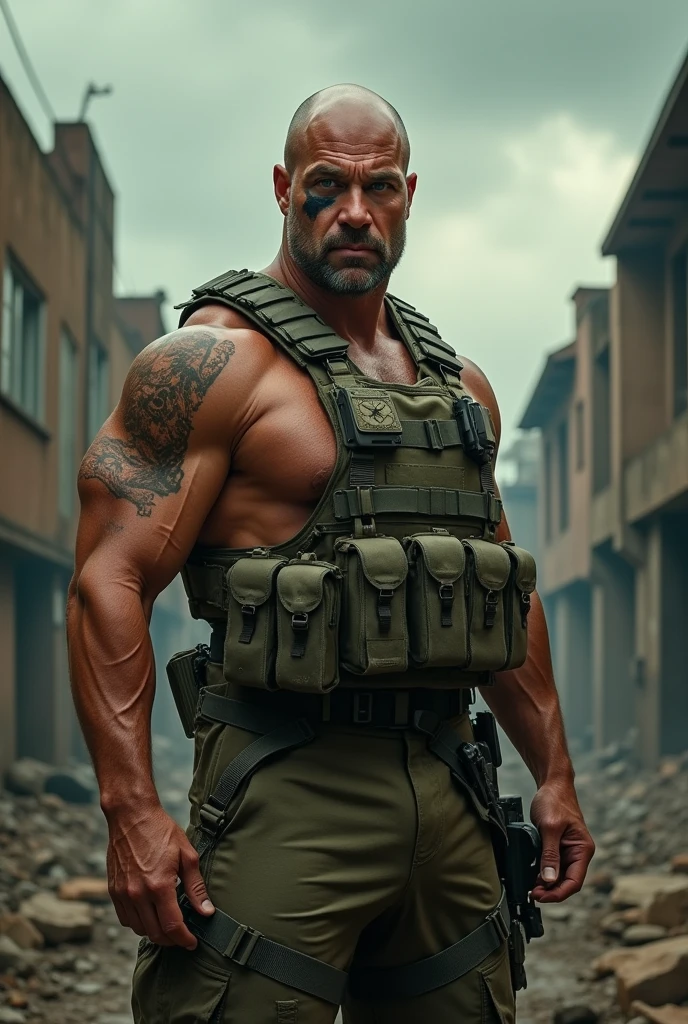 Strong Man Drawing, 40 year old, large scar on the face, Green Eye, baldie, militar, high resolution, 4K, full hd