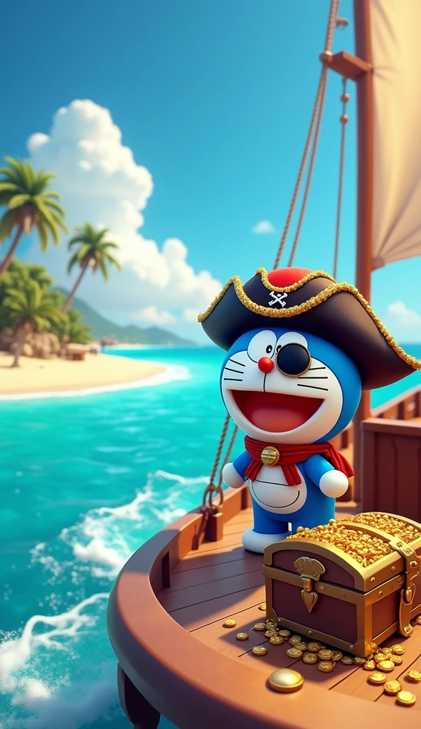 Image of Doraemon captain wearing pirate clothes on the sea on a ship. Doraemon and the treasure chest with the beach scenery. 3D 4K image, sharp and clear. 