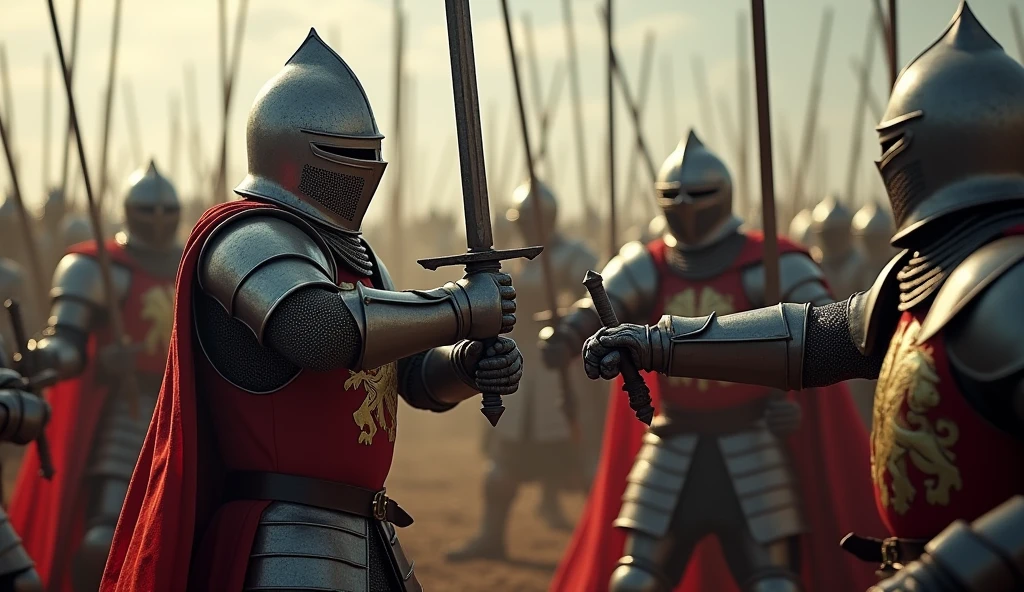 A highly realistic, high-contrast, 8K HD, detailed, hyper-detailed image of medieval knights engaged in intense combat, fighting with unwavering strength and determination. The knights, clad in steel armor with lion emblems on their tunics and armor, and helmets fully covering their faces, are fully immersed in battle. Swords clash with powerful strikes as the knights defend themselves and press forward against their enemies. The atmosphere is charged with the energy of battle, capturing the relentless resolve of the knights as they continue to fight with all their might. The image is of the highest quality, with ultra-high resolution, RAW photo quality, and Unreal Engine rendering, showcasing the sheer force and bravery of the knights as they stand strong in the heat of combat, with the lion emblem prominently displayed on their armor.

