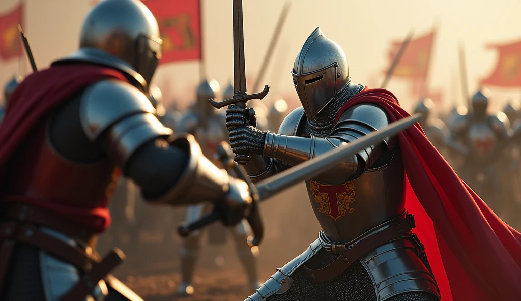 A highly realistic, high-contrast, 8K HD, detailed, hyper-detailed image of medieval knights engaged in intense combat, fighting with unwavering strength and determination. The knights, clad in steel armor with lion emblems on their tunics and armor, and helmets fully covering their faces, are fully immersed in battle. Swords clash with powerful strikes as the knights defend themselves and press forward against their enemies. The atmosphere is charged with the energy of battle, capturing the relentless resolve of the knights as they continue to fight with all their might. The image is of the highest quality, with ultra-high resolution, RAW photo quality, and Unreal Engine rendering, showcasing the sheer force and bravery of the knights as they stand strong in the heat of combat, with the lion emblem prominently displayed on their armor.