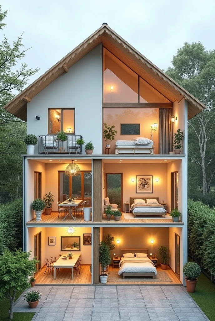 IMAGE OF A TWO-STORY HOUSE WITH A CROSS-SECTION, WHERE YOU CAN SEE ON THE FIRST FLOOR A KITCHEN, A DINING ROOM, living room, PARKING AND A TERRACE AND ON THE SECOND FLOOR A BATHROOM, A LAUNDRY, ONE BEDROOM AND A BALCONY.