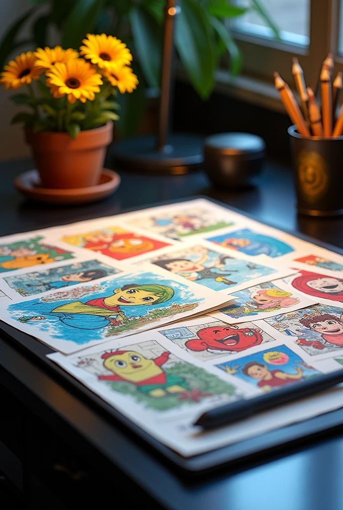Sketches of animation kept on a black table with a small flower pot kept in corner and a graphic tablet on the corner of table.
