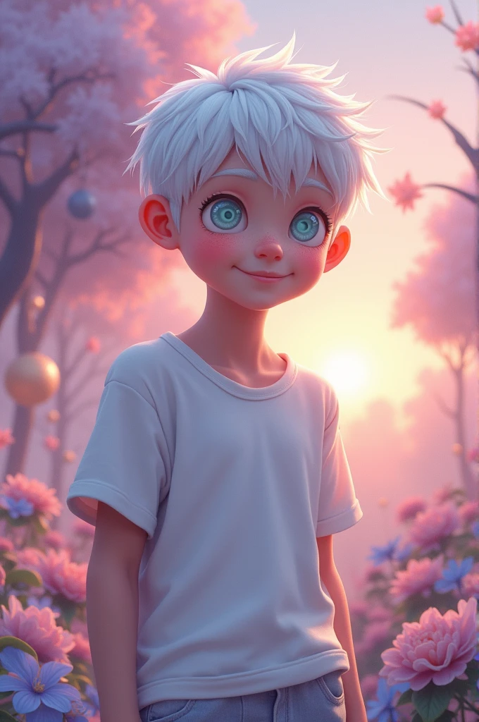 He has a striking and distinctive appearance. her hair is short and white, in a tone that contrasts sharply with his skin. His eyes are completely white, No visible irises or pupils, which gives him a deep and enigmatic gaze. Despite its unusual appearance, he has a curious expression and a gentle smile, conveying an aura of innocence and curiosity. His clothes are simple and comfortable, perhaps a t-shirt and pants in soft tones, complementing his ethereal look.