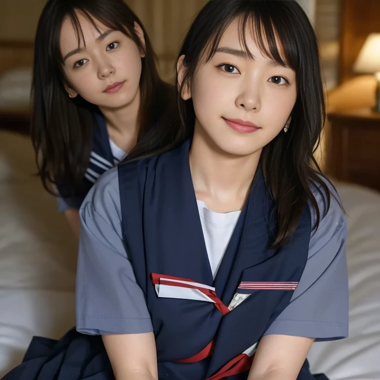 (Masterpiece, Best quality:1.4), (Ultra realistic, Photo-realistic:1.2), Natural light, 25 years old actress, Japanese women, Neat and clean, (school uniform, sailor suit, short sleeve suit:1.2), (traditional Japanese style with white and navy blue colors, detailed red ribbon and navy blue pleated skirt:1.1), (Ponytail:1.2), Short wavy hair, Light brown hair color, (Beautiful Faces), Oval face, clear, (Beautiful eyes, Kind eyes), (Clear skin), Small face, (Small mouth), (Beautiful mouth), Natural makeup, Approachable, Luxury hotel Suite room, On bed, Seductive smile, (Seductive pose:1.2), (Beautiful thighs:1.1), (Bedroom eyes), (nsfw:1.1), (lesbian couple:1.1), (petting together:1.2), obscene reality of girls, (crotch rub:1.1),