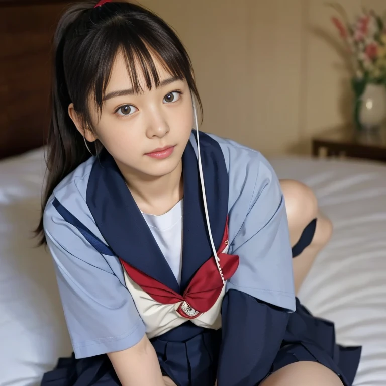 (Masterpiece, Best quality:1.4), (Ultra realistic, Photo-realistic:1.2), Natural light, 25 years old actress, Japanese women, Neat and clean, (school uniform, sailor suit, short sleeve suit:1.2), (traditional Japanese style with white and navy blue colors, detailed red ribbon and navy blue pleated skirt:1.1), (Ponytail:1.2), Short wavy hair, Light brown hair color, (Beautiful Faces), Oval face, clear, (Beautiful eyes, Kind eyes), (Clear skin), Small face, (Small mouth), (Beautiful mouth), Natural makeup, Approachable, Luxury hotel Suite room, On bed, Seductive smile, (Seductive pose:1.2), (Beautiful thighs:1.1), (Bedroom eyes), (nsfw:1.1), (lesbian couple:1.1), (petting together:1.2), obscene reality of girls, (crotch rub:1.1),