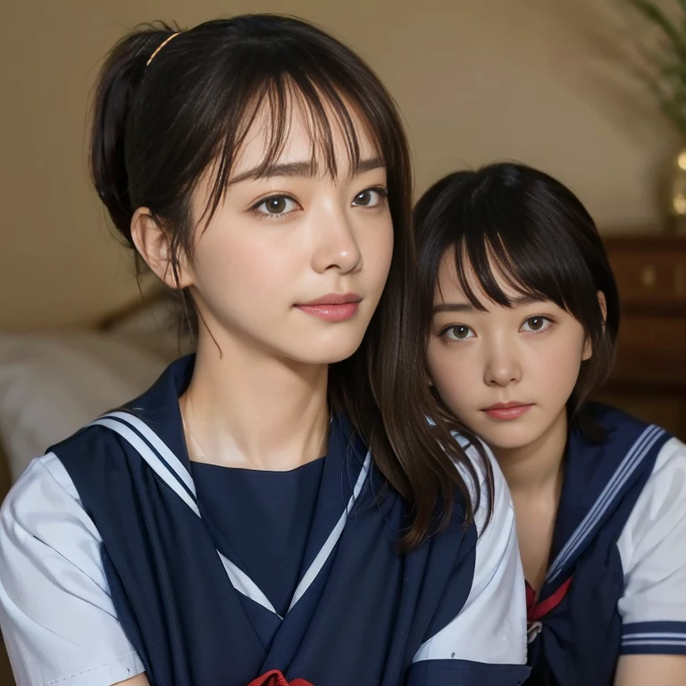 (Masterpiece, Best quality:1.4), (Ultra realistic, Photo-realistic:1.2), Natural light, 25 years old actress, Japanese women, Neat and clean, (school uniform, sailor suit, short sleeve suit:1.2), (traditional Japanese style with white and navy blue colors, detailed red ribbon and navy blue pleated skirt:1.1), (Ponytail:1.2), Short wavy hair, Light brown hair color, (Beautiful Faces), Oval face, clear, (Beautiful eyes, Kind eyes), (Clear skin), Small face, (Small mouth), (Beautiful mouth), Natural makeup, Approachable, Luxury hotel Suite room, On bed, Seductive smile, (Seductive pose:1.2), (Beautiful thighs:1.1), (Bedroom eyes), (nsfw:1.1), (lesbian couple:1.1), (petting together:1.2), obscene reality of girls, (crotch rub:1.1),