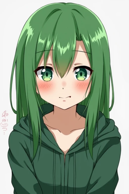 1 fille, Longhaire, green hair, Swept Bangs, straight hair, green eyes, dark circles, depressed, Desperate, Yeux sans Expression, Sourire force, fond simple, Hood Up, animated, 