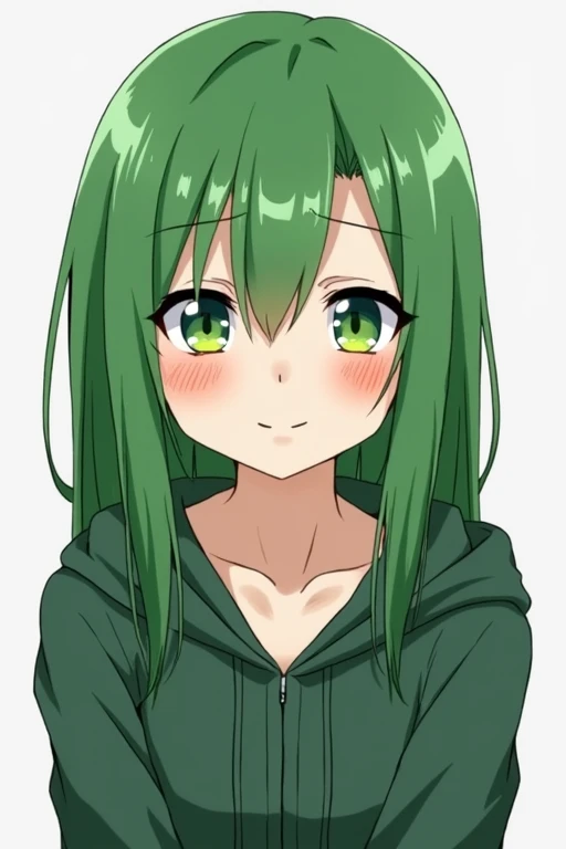 1 fille, Longhaire, green hair, Swept Bangs, straight hair, green eyes, dark circles, depressed, Desperate, Yeux sans Expression, Sourire force, fond simple, Hood Up, animated,