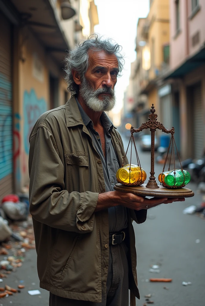 Homeless man with worn clothes holding the scales of Justice made from recycled materials like plastic bottles