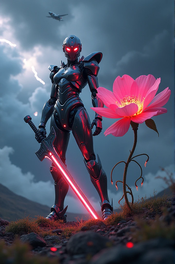 The robot warrior's flower stands angrily in the UFS field.