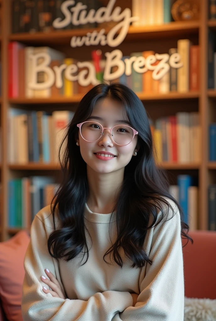 a 20 years asian old girl with light pink glasses, dark hair holding books with a phrase 'Study with Breeze' behind the girl