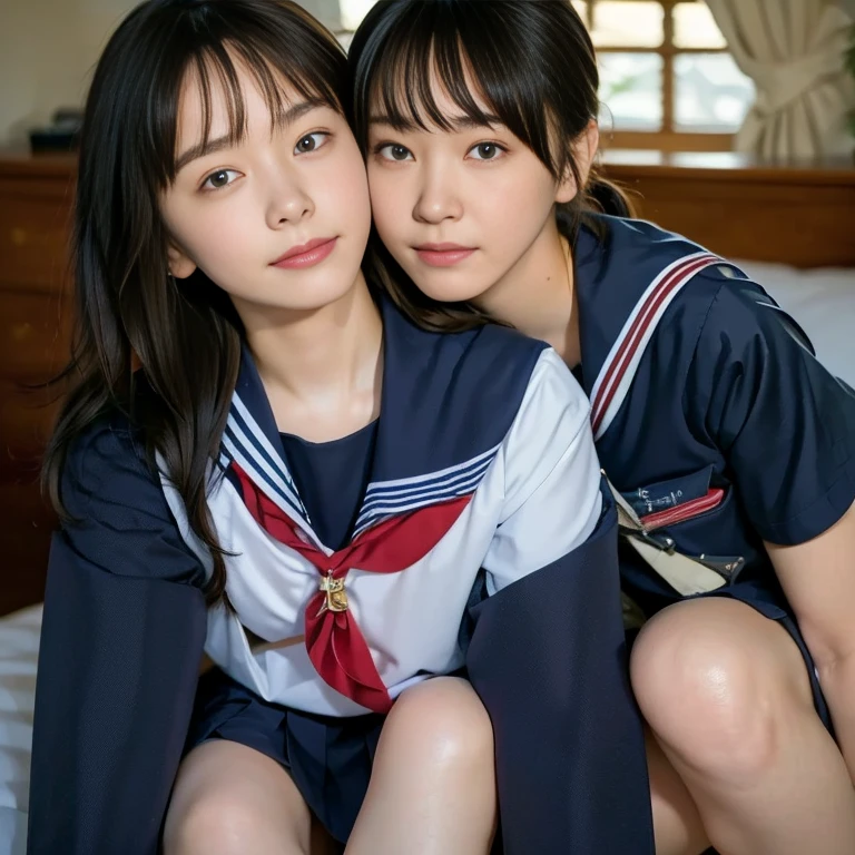 (Masterpiece, Best quality:1.4), (Ultra realistic, Photo-realistic:1.2), Natural light, 25 years old actress, Japanese women, Neat and clean, (school uniform, sailor suit, short sleeve suit:1.2), (traditional Japanese style with white and navy blue colors, detailed red ribbon and navy blue pleated skirt:1.1), (Ponytail:1.2), Short wavy hair, Light brown hair color, (Beautiful Faces), Oval face, clear, (Beautiful eyes, Kind eyes), (Clear skin), Small face, (Small mouth), (Beautiful mouth), Natural makeup, Approachable, Luxury hotel Suite room, On bed, Seductive smile, (Seductive pose:1.2), (Beautiful thighs:1.1), (Bedroom eyes), (lesbian couple:1.1), (petting together:1.2), obscene reality of girls, (crotch rub:1.1),