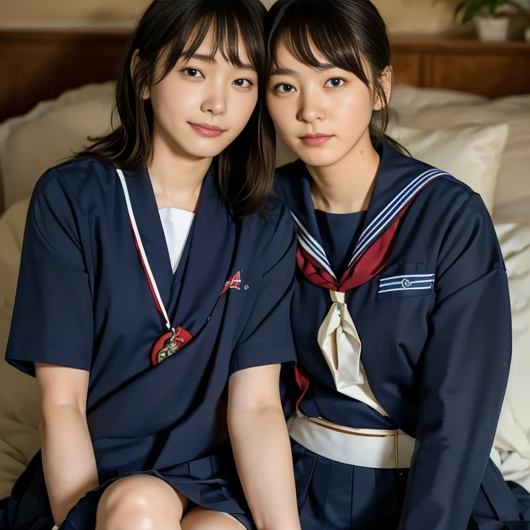 (Masterpiece, Best quality:1.4), (Ultra realistic, Photo-realistic:1.2), Natural light, 25 years old actress, Japanese women, Neat and clean, (school uniform, sailor suit, short sleeve suit:1.2), (traditional Japanese style with white and navy blue colors, detailed red ribbon and navy blue pleated skirt:1.1), (Ponytail:1.2), Short wavy hair, Light brown hair color, (Beautiful Faces), Oval face, clear, (Beautiful eyes, Kind eyes), (Clear skin), Small face, (Small mouth), (Beautiful mouth), Natural makeup, Approachable, Luxury hotel Suite room, On bed, Seductive smile, (Seductive pose:1.2), (Beautiful thighs:1.1), (Bedroom eyes), (lesbian couple:1.1), (petting together:1.2), obscene reality of girls, (crotch rub:1.1),
