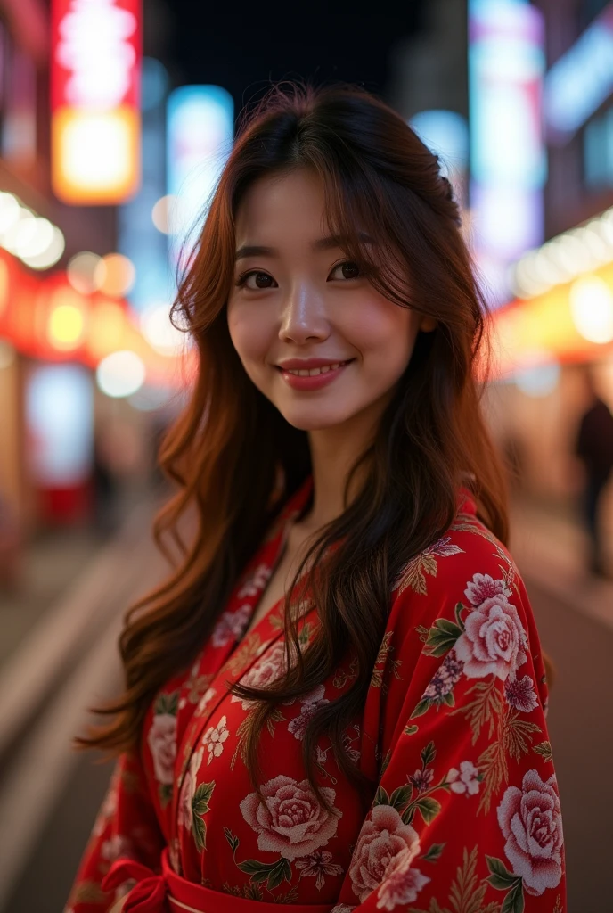 ((Maximum quality、8k、work of art:1.3))、whole body、big breasts、Beautiful women in perfect shape:1.4、(long brown hair、large breast:2.3)、(Japanese floral yukata)、Highly detailed texture of face and skin、Delicate Eyes、Double eyelids、a smirk:1.5、all-body、in street、the night