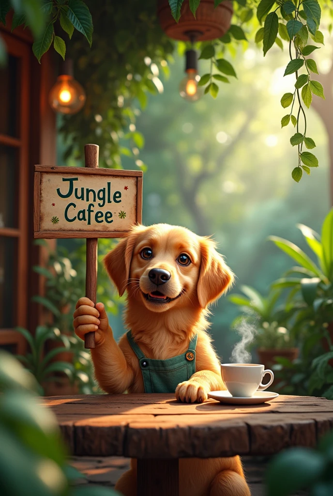 Make a dog drinking coffee holding a sign that says "Jungle Café"