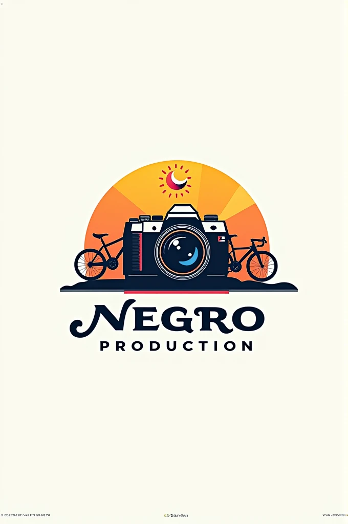Create a logo of a camera with a little sun and moon that say “NEGRO PRODUCTION “ in cursive letters, the background is a bike and car