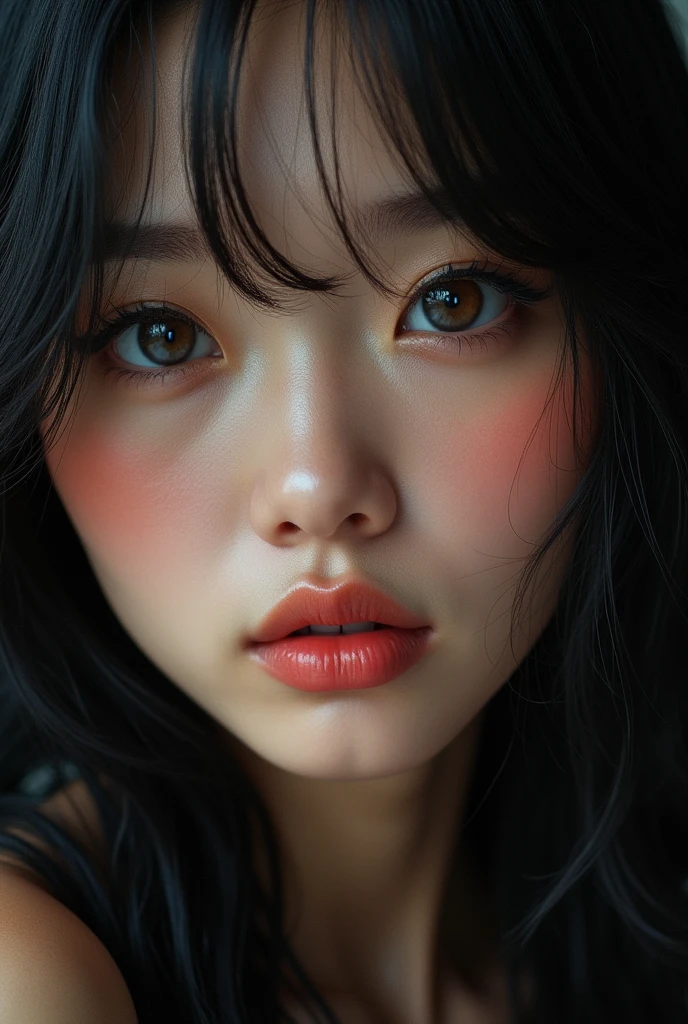 Gorgeous face, Thai woman, heterochromia, different colored eyes, One eye is blue, One eye is brown, pensive, black long hair, lush lips, hyperrealism, realistic face, 8k, textured leather