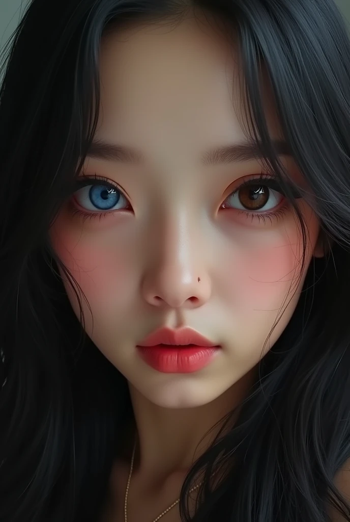 Gorgeous face, Thai woman, heterochromia, different colored eyes, One eye is blue, One eye is brown, pensive, black long hair, lush lips, hyperrealism, realistic face, 8k, textured leather