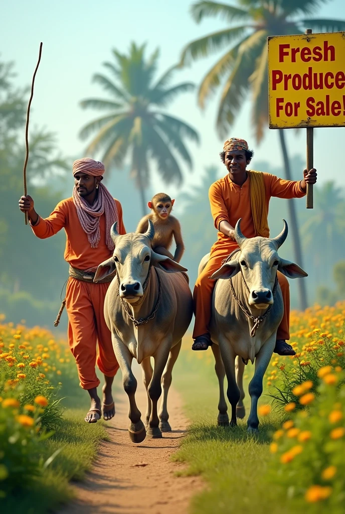 2 Indians whipping a monkey and 2 oxen while they hold a sign offering something.