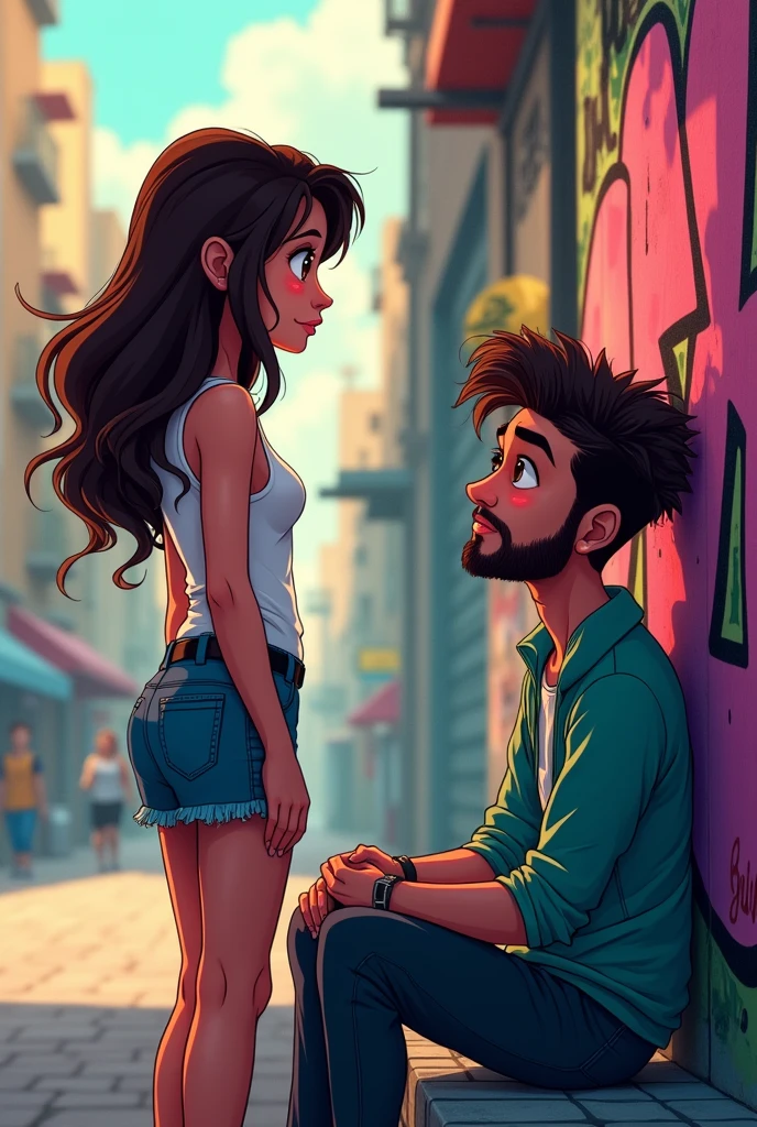   In digital pictures  cartoon "Show a  woman telling a heartbroken man  that she loves someone else. The boy should look deeply hurt and disappointed. Also carrying on wall