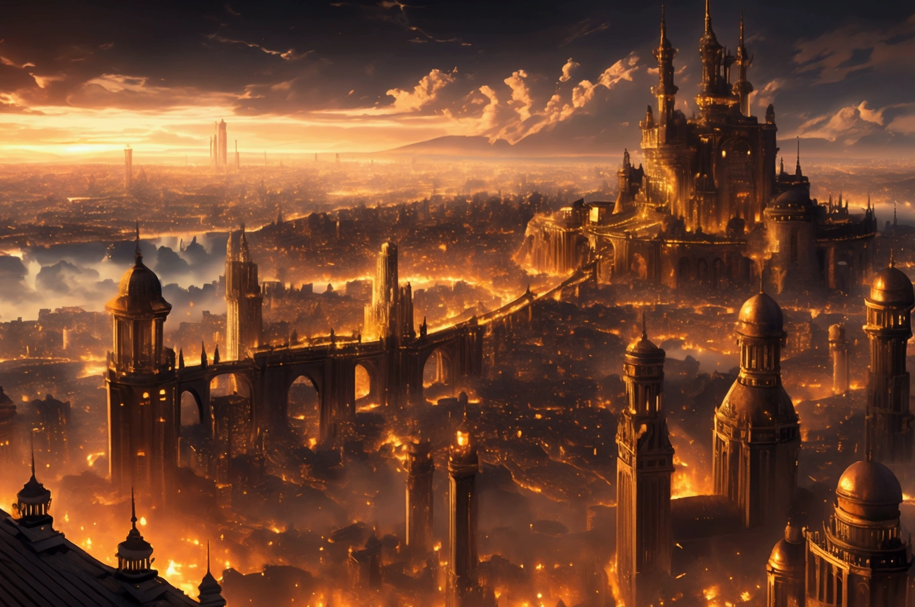 (32k, 8k, high graphics, high resolution, high details) fantasy city, panoramic view, extremely beautiful and bright place, dramatic effect, huge tower in the center
